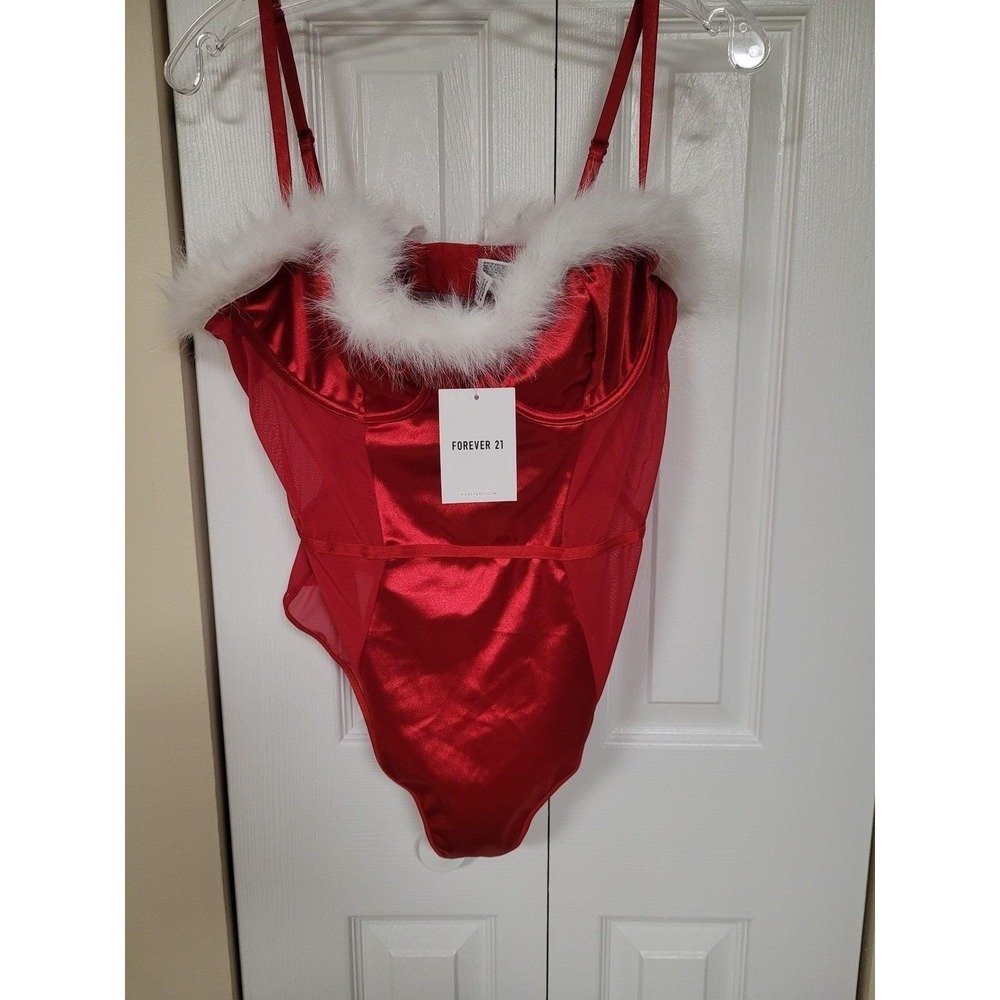 Forever 21 Red Satin Mesh Fur Trimmed Teddy Bodysuit Sexy Lingerie NWT Size XL